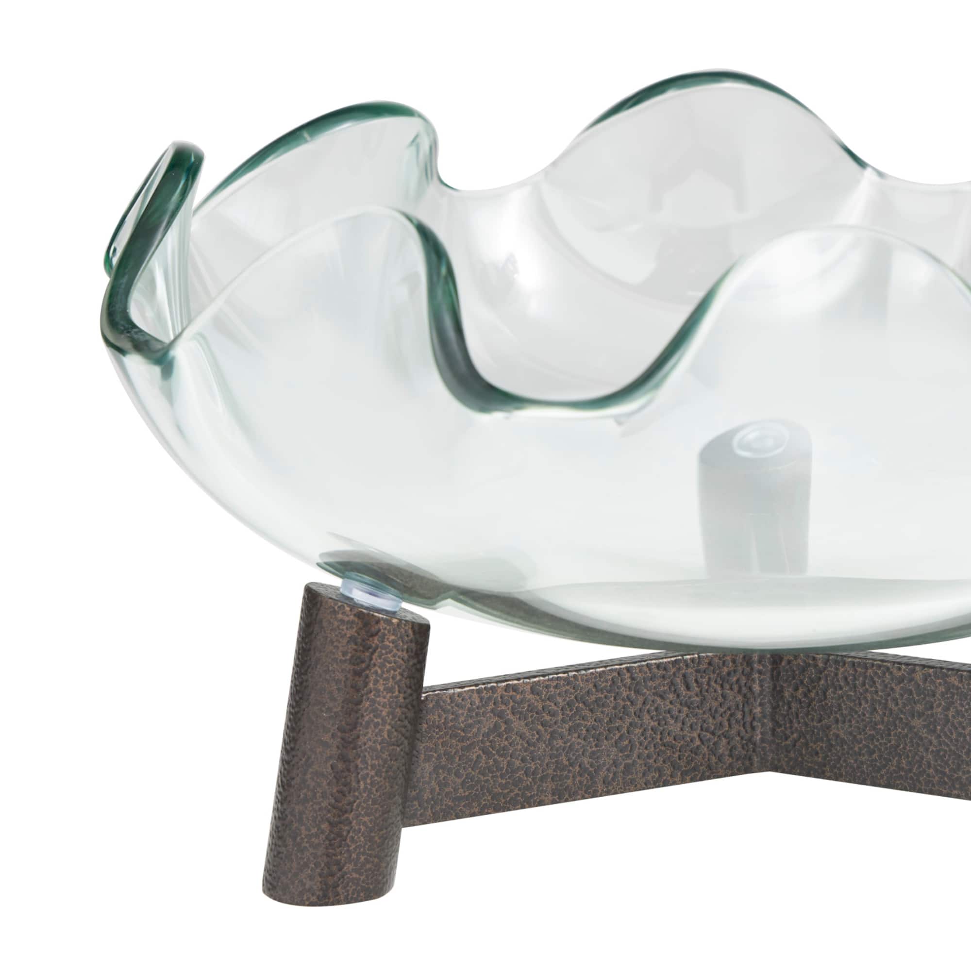 9" Clear Glass Floral Inspired Serving Bowl with Bronze Hammered Y-Shaped Stand